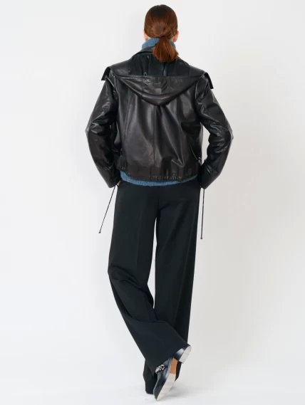 Кожаная женская куртка бомбер с капюшоном 305, черная, размер 50, артикул 90820-4
