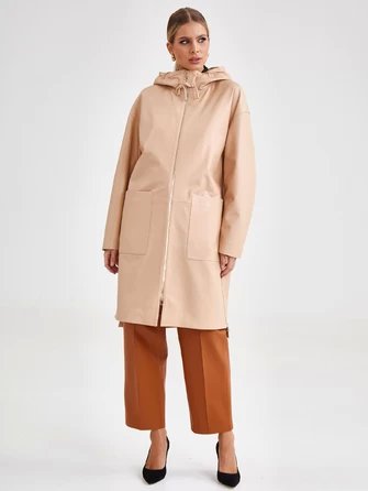 Кожаное женское пальто с капюшоном на молнии премиум класса 3034-1