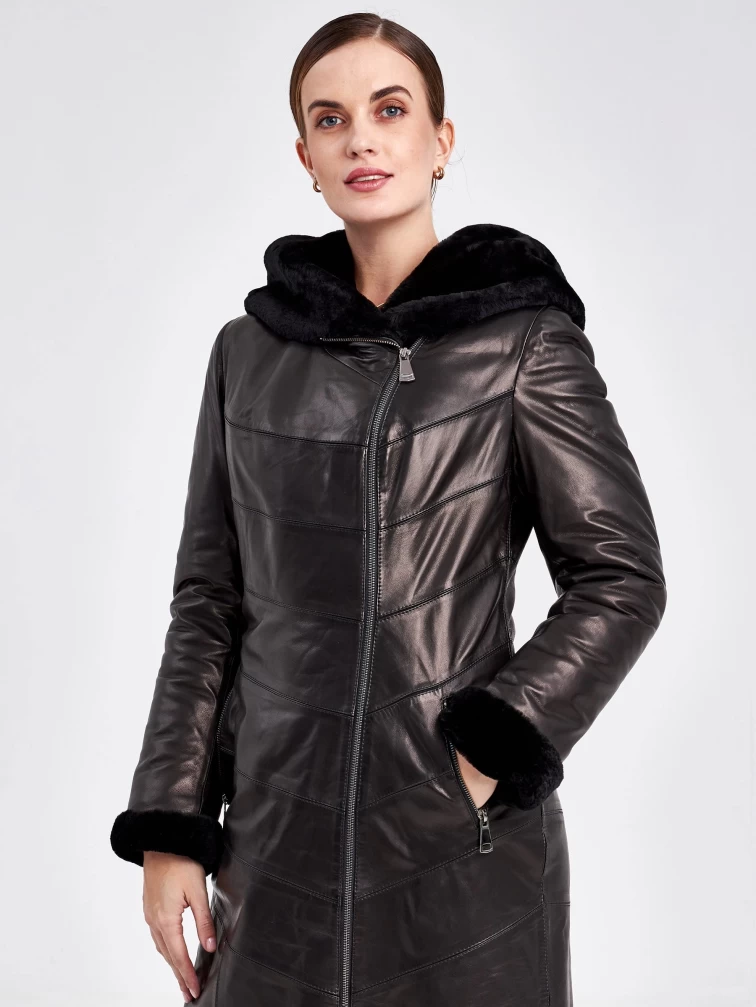Кожаное пальто зимнее женское 391мех, с капюшоном, черное, размер 46, артикул 91820-0