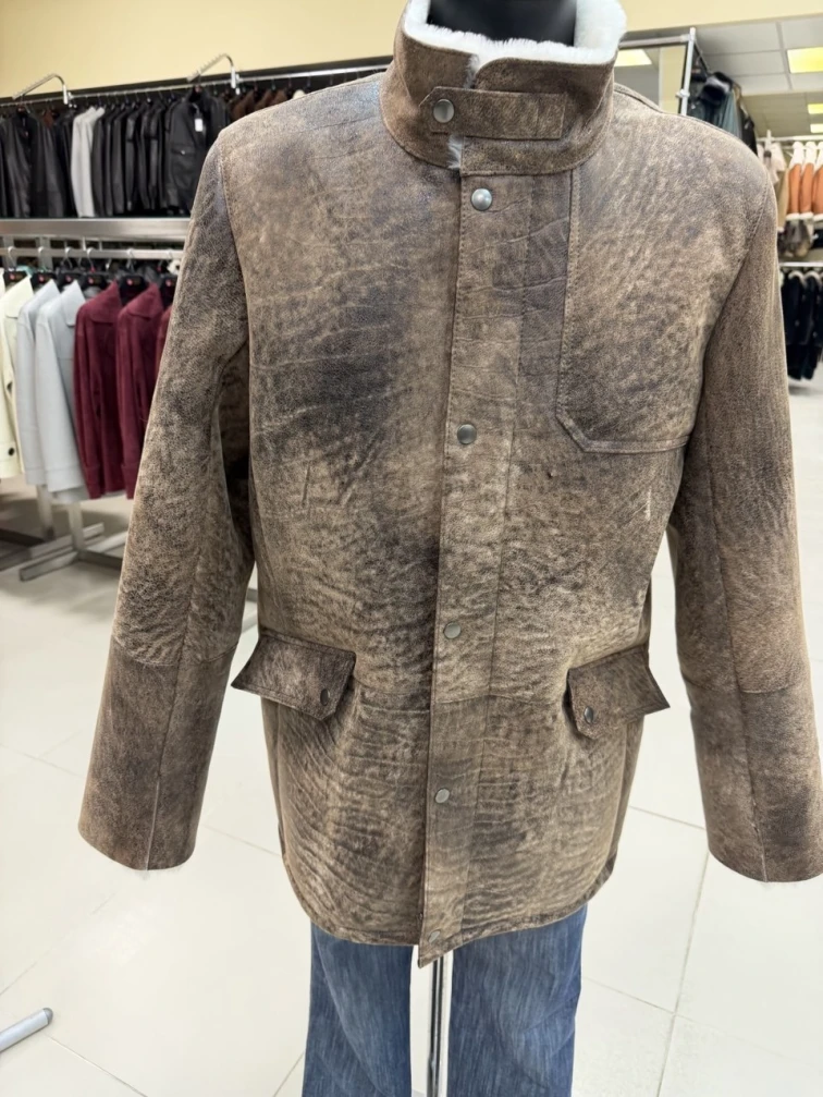 Удлиненная мужская дубленка премиум класса 442, коричневая, размер 50, артикул 29820-0