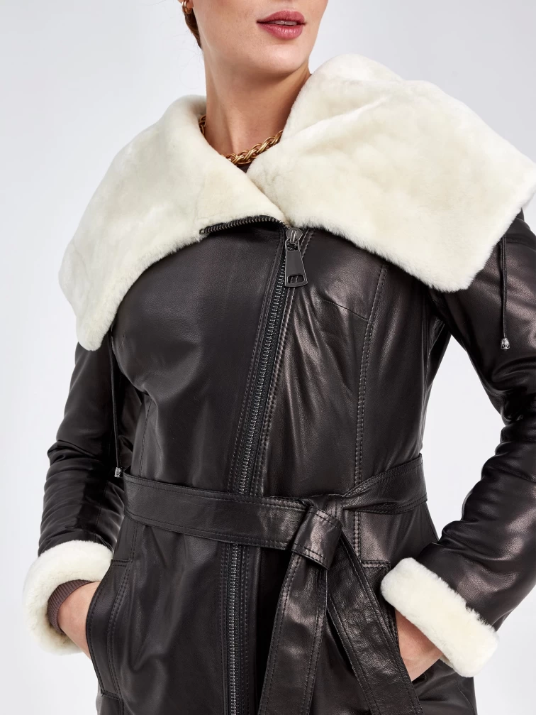 Кожаное пальто зимнее женское 390мех, с капюшоном, черно-белое, размер 46, артикул 91810-4