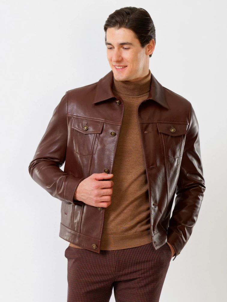 Кожаная куртка мужская 550, на пуговицах, коричневая, размер 52, артикул 28740-5