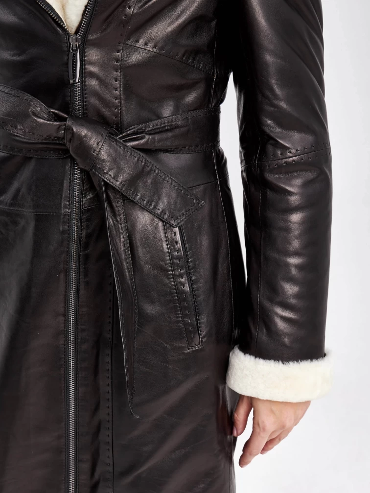 Кожаное пальто зимнее женское 394мех, с капюшоном, черно-белое, размер 46, артикул 91880-4