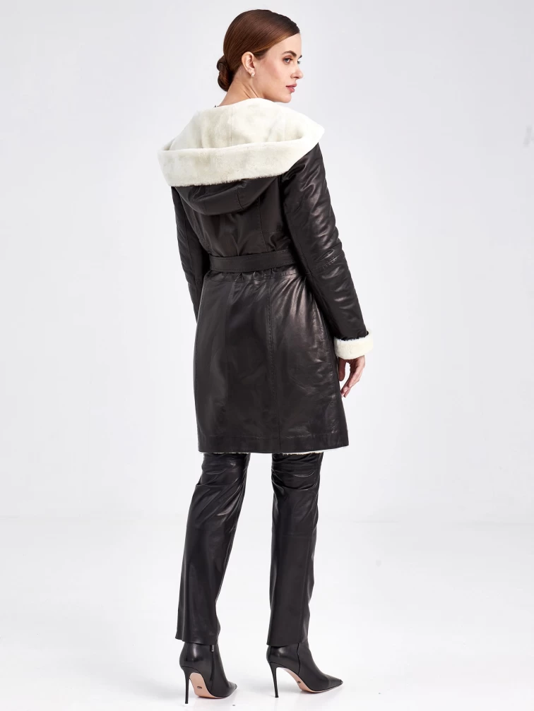 Кожаное пальто зимнее женское 394мех, с капюшоном, черно-белое, размер 46, артикул 91880-2