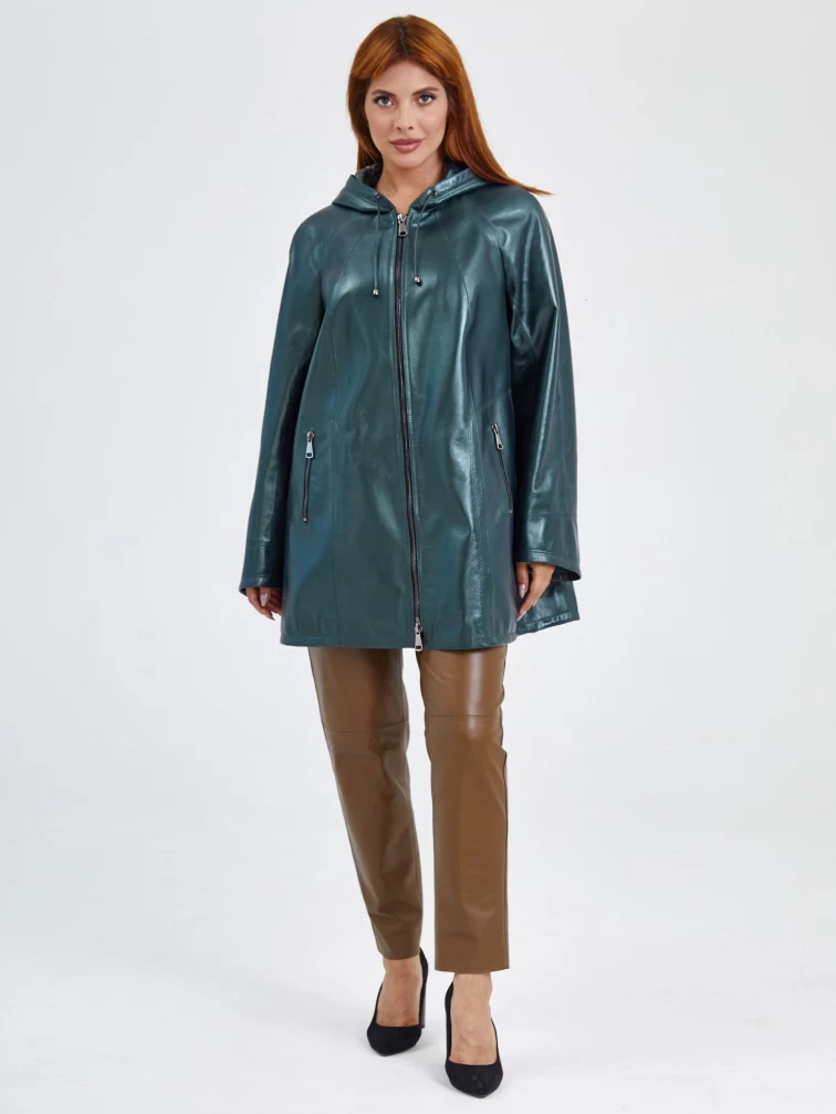 Кожаный комплект женский: Куртка 383 + Брюки 03, зеленый/коричневый, размер 48, артикул 111173-1