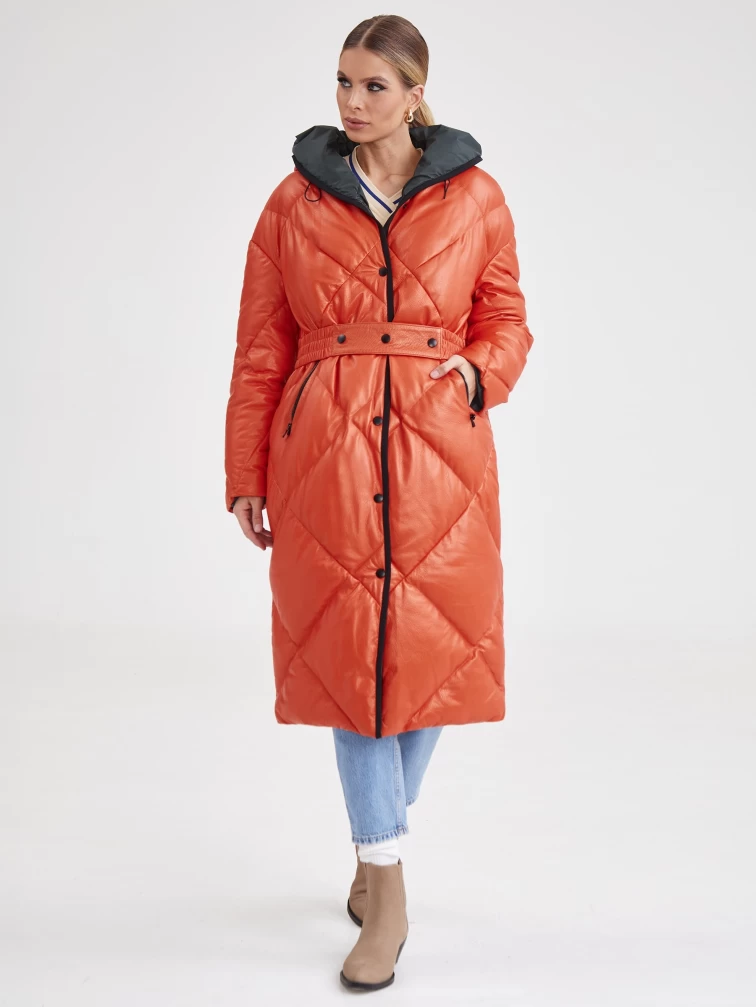 Кожаное пальто с капюшоном премиум класса женское 3026, оранжевое, размер 44, артикул 25410-5