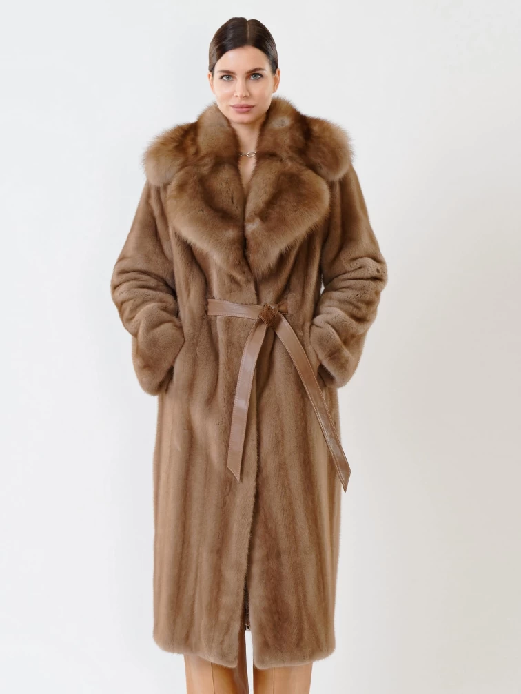 Пальто из меха норки с соболем женское 19009(ав), длинное, пастельное, размер 52, артикул 32680-5