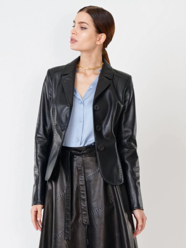 Кожаный женский пиджак 316рс, черный, размер 44, артикул 90961-1
