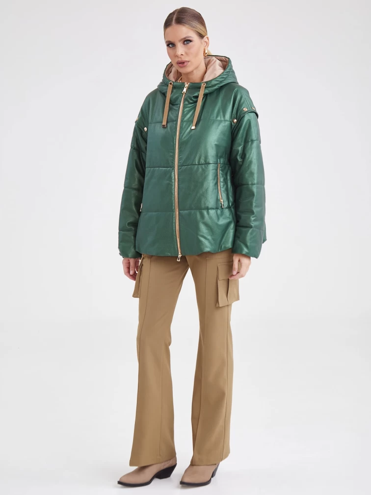 Утепленная кожаная куртка оверсайз с капюшоном премиум класса женская 3023, зеленая, размер 48, артикул 23330-5