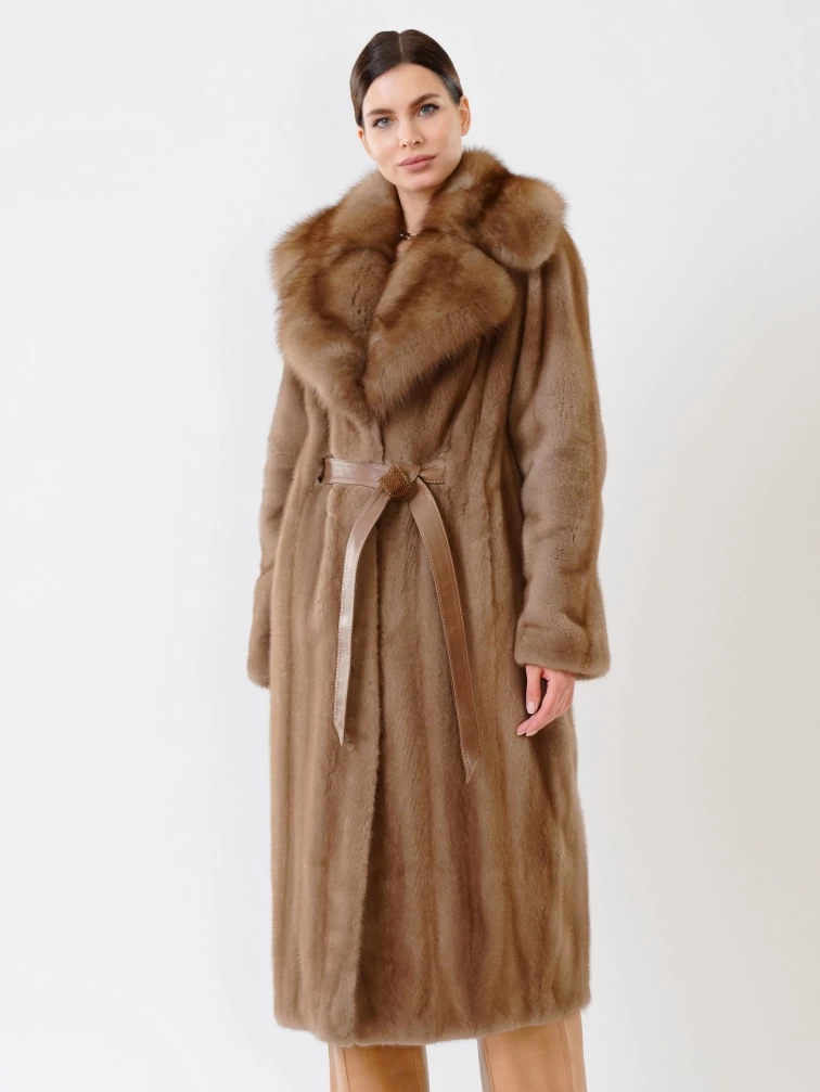 Пальто из меха норки с соболем женское 19009(ав), длинное, пастельное, размер 52, артикул 32680-1
