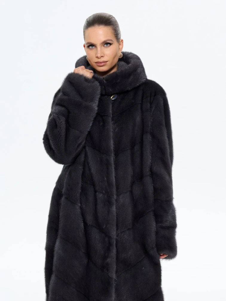 Длинная женская норковая шуба с капюшоном Москвичка-132, черная, размер 52, артикул 65390-1
