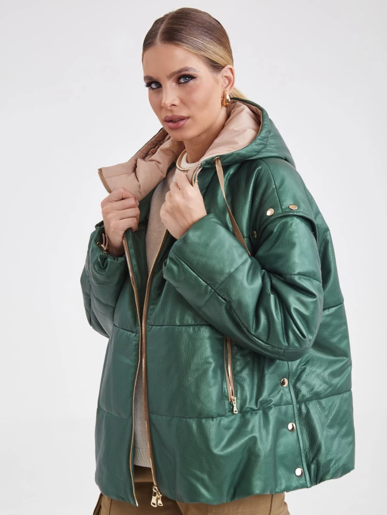 Утепленная кожаная куртка оверсайз с капюшоном премиум класса женская 3023, зеленая, размер 48, артикул 23330-3