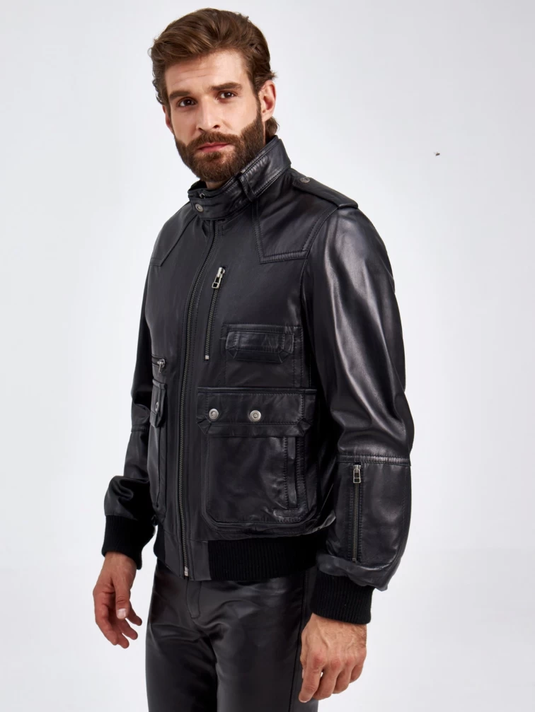 Кожаная куртка бомбер мужская Пит, черная, размер 50, артикул 29190-3