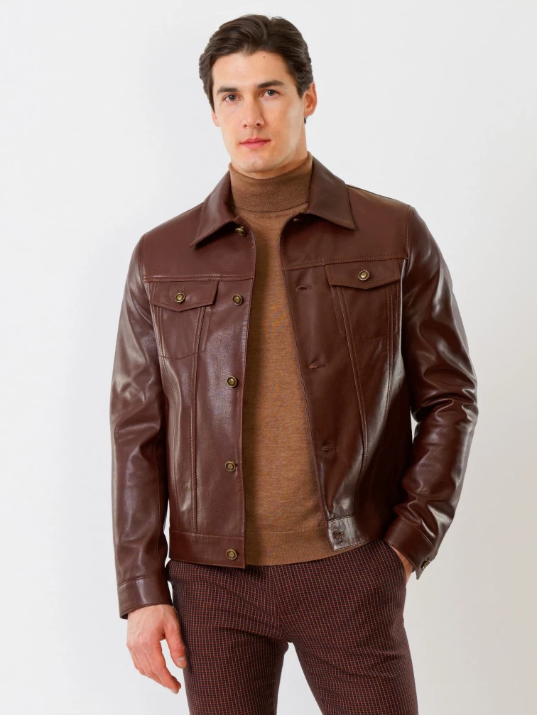 Кожаная куртка мужская 550, на пуговицах, коричневая, размер 52, артикул 28740-2