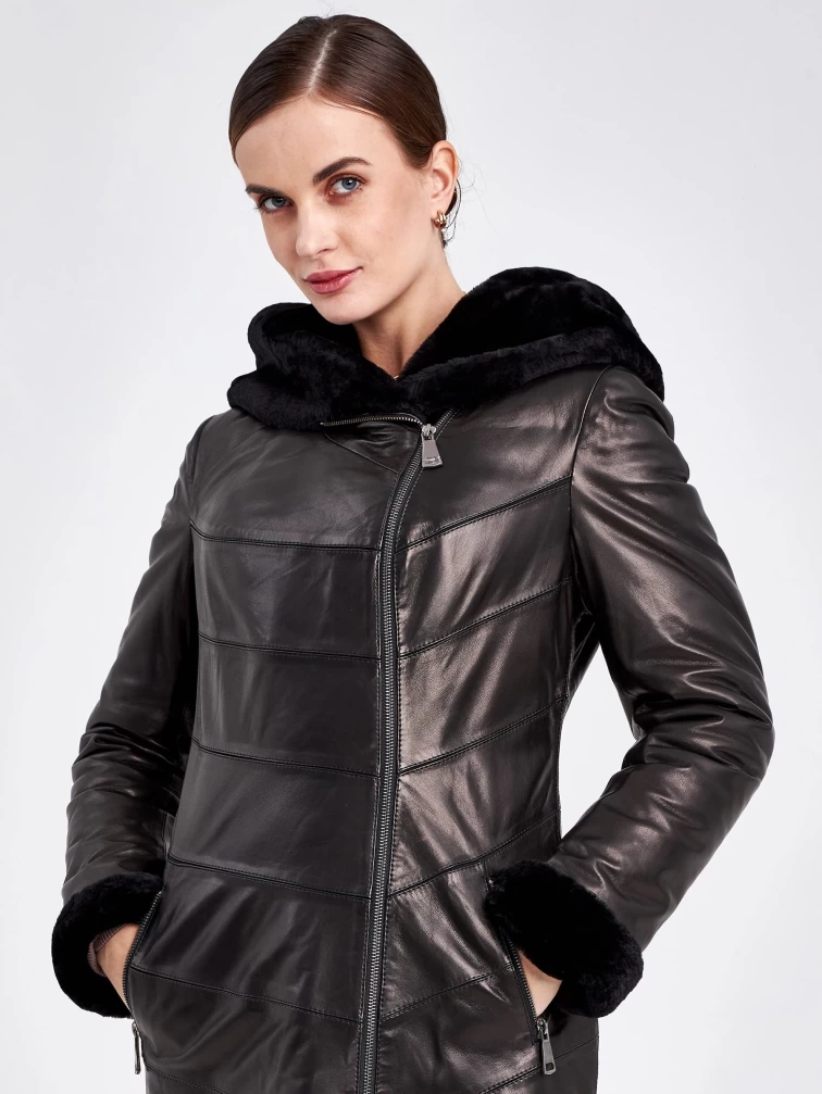 Кожаное пальто зимнее женское 391мех, с капюшоном, черное, размер 46, артикул 91820-6