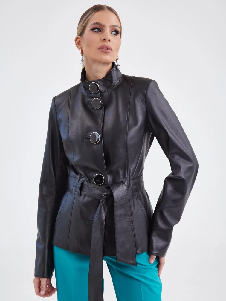Кожаная куртка женская 334, с поясом, черная, размер 40, артикул 15420-1