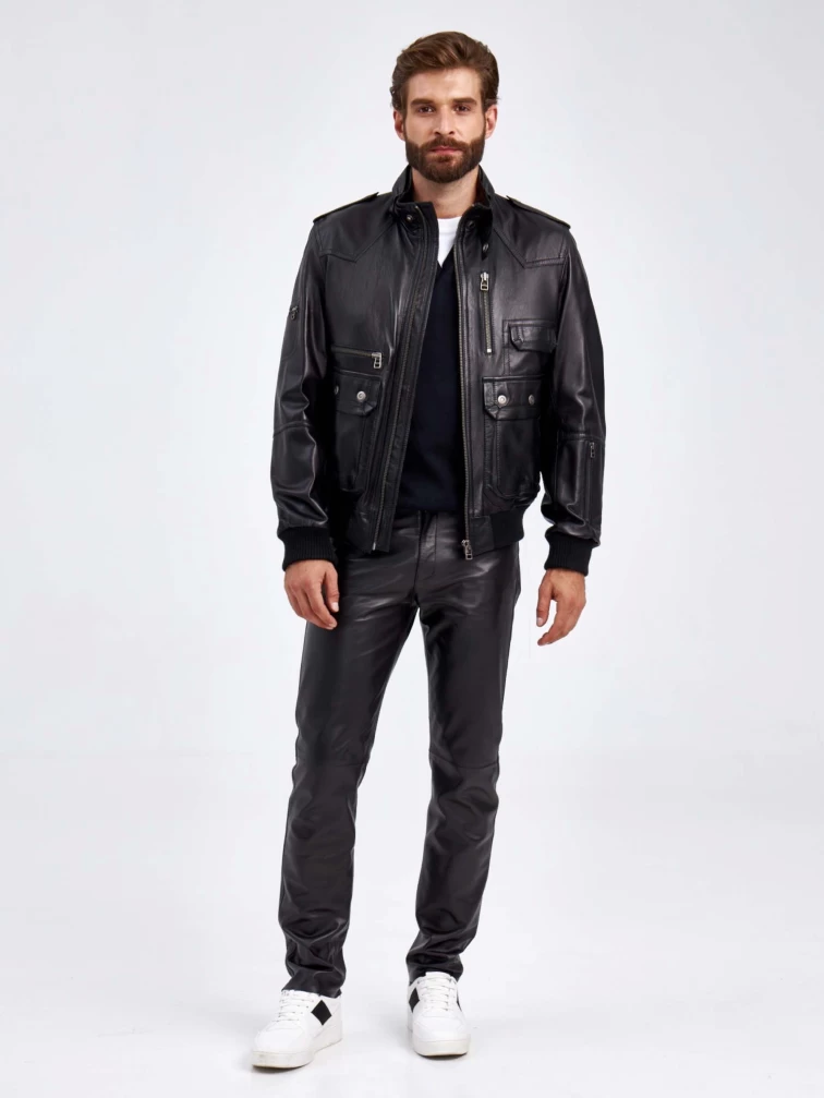 Кожаная куртка бомбер мужская Пит, черная, размер 50, артикул 29190-5
