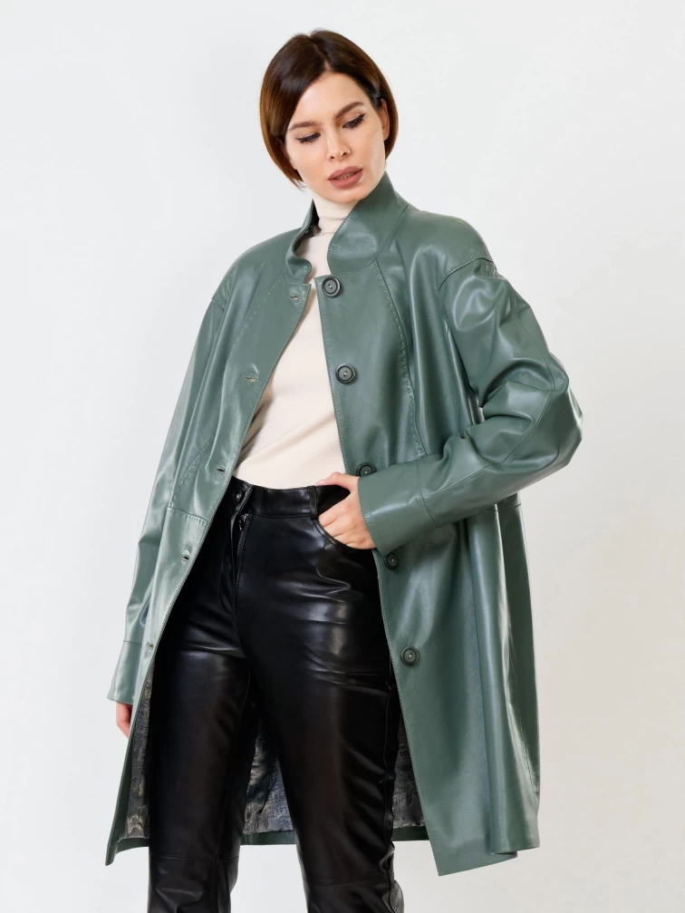 Кожаное пальто женское 378, оливковое, размер 50, артикул 91070-1