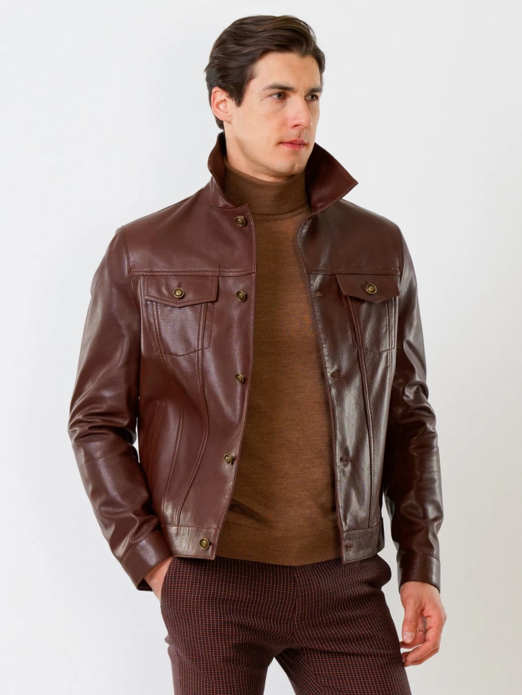 Кожаная куртка мужская 550, на пуговицах, коричневая, размер 52, артикул 28740-6