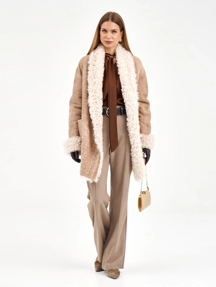 Короткая женская дубленка из тиградо 2078, бежевая, размер 44, артикул 65270-7