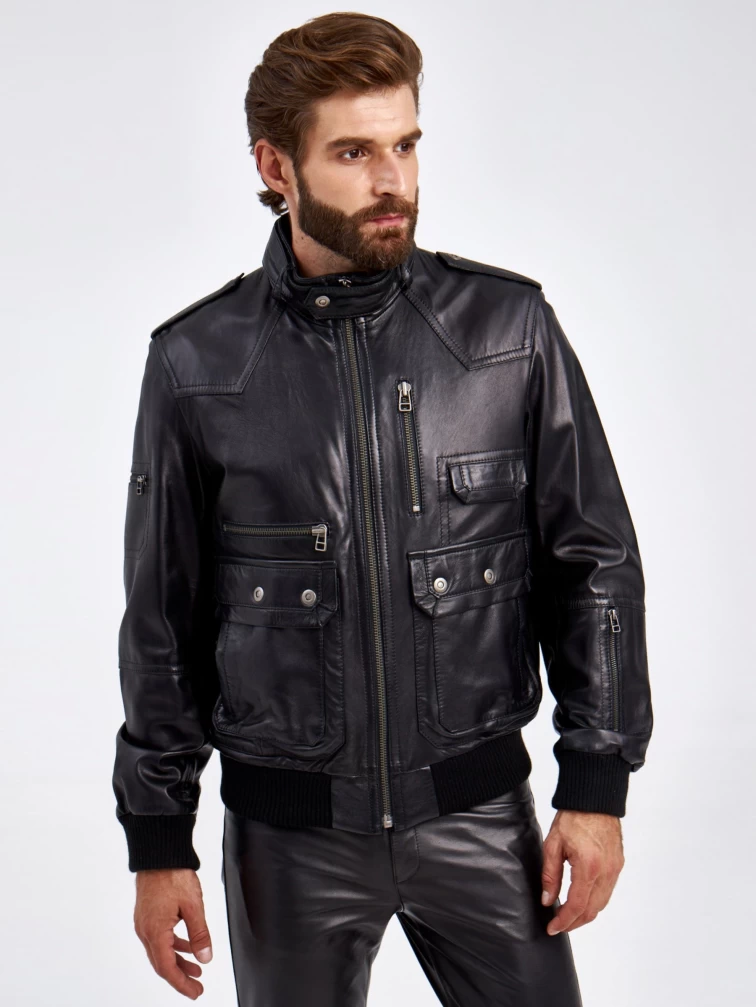 Кожаная куртка бомбер мужская Пит, черная, размер 50, артикул 29190-0