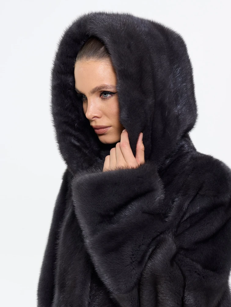Длинная женская норковая шуба с капюшоном Москвичка-132, черная, размер 52, артикул 65390-3