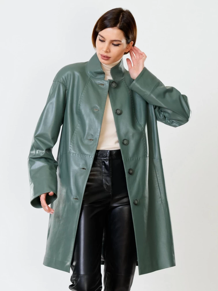 Кожаное пальто женское 378, оливковое, размер 50, артикул 91070-6