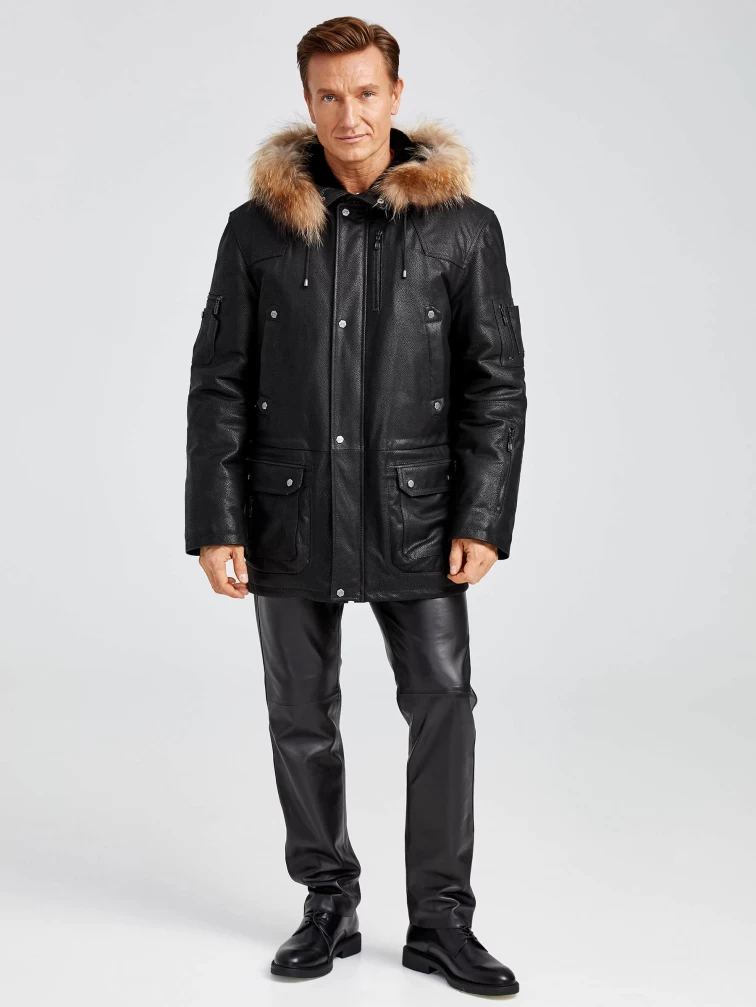 Кожаная куртка-аляска утепленная мужская Алекс, с мехом енота, черная DS, размер 50, артикул 40380-6