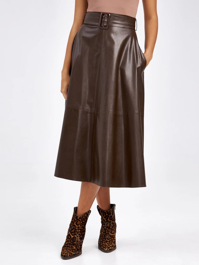 Кожаная юбка женская 4820748, из экокожи, коричневая, размер 44, артикул 85790-3