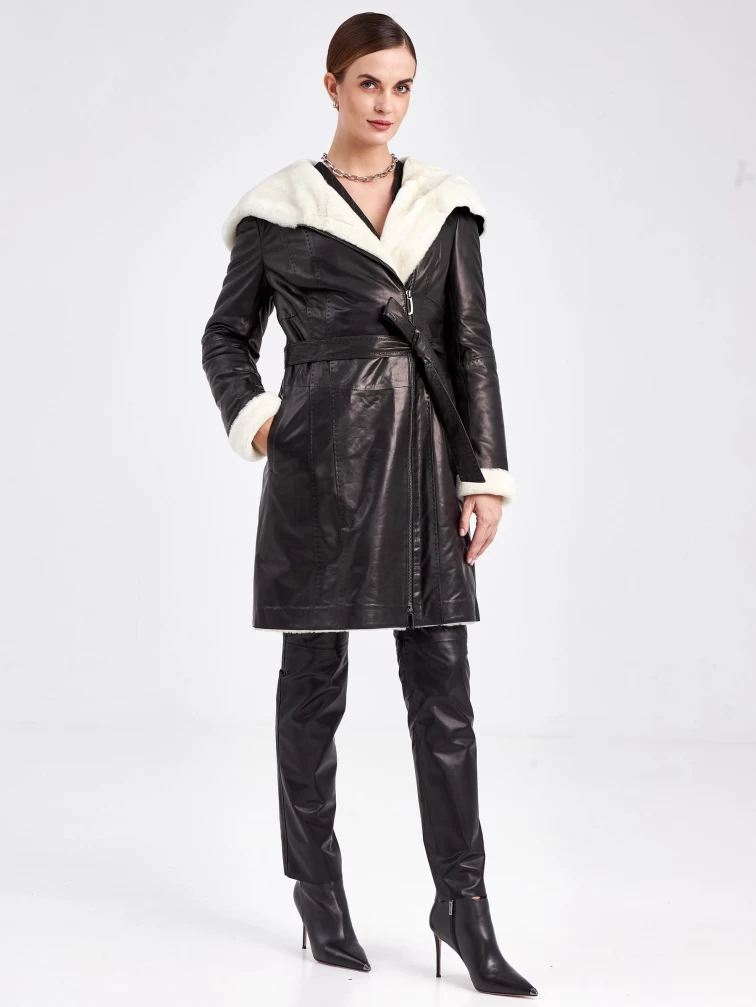 Кожаное пальто зимнее женское 394мех, с капюшоном, черно-белое, размер 46, артикул 91880-5