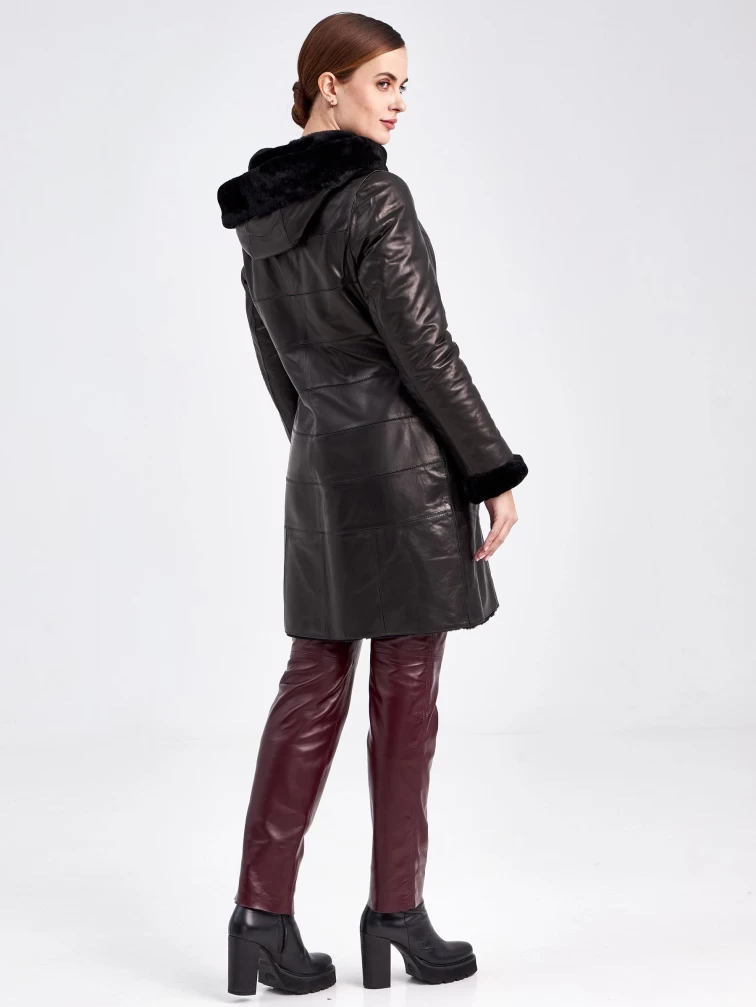Кожаное пальто зимнее женское 391мех, с капюшоном, черное, размер 46, артикул 91820-2