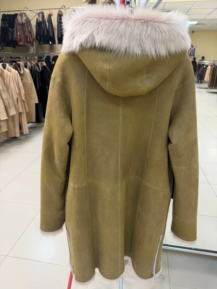 Бежевая женская дубленка с капюшоном из тосканы 2067, размер 46, артикул 92320-1