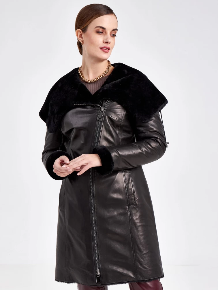 Кожаное пальто зимнее женское 390мех, с капюшоном, черное, размер 46, артикул 91800-0