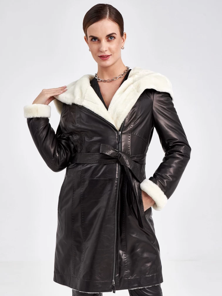 Кожаное пальто зимнее женское 394мех, с капюшоном, черно-белое, размер 46, артикул 91880-6
