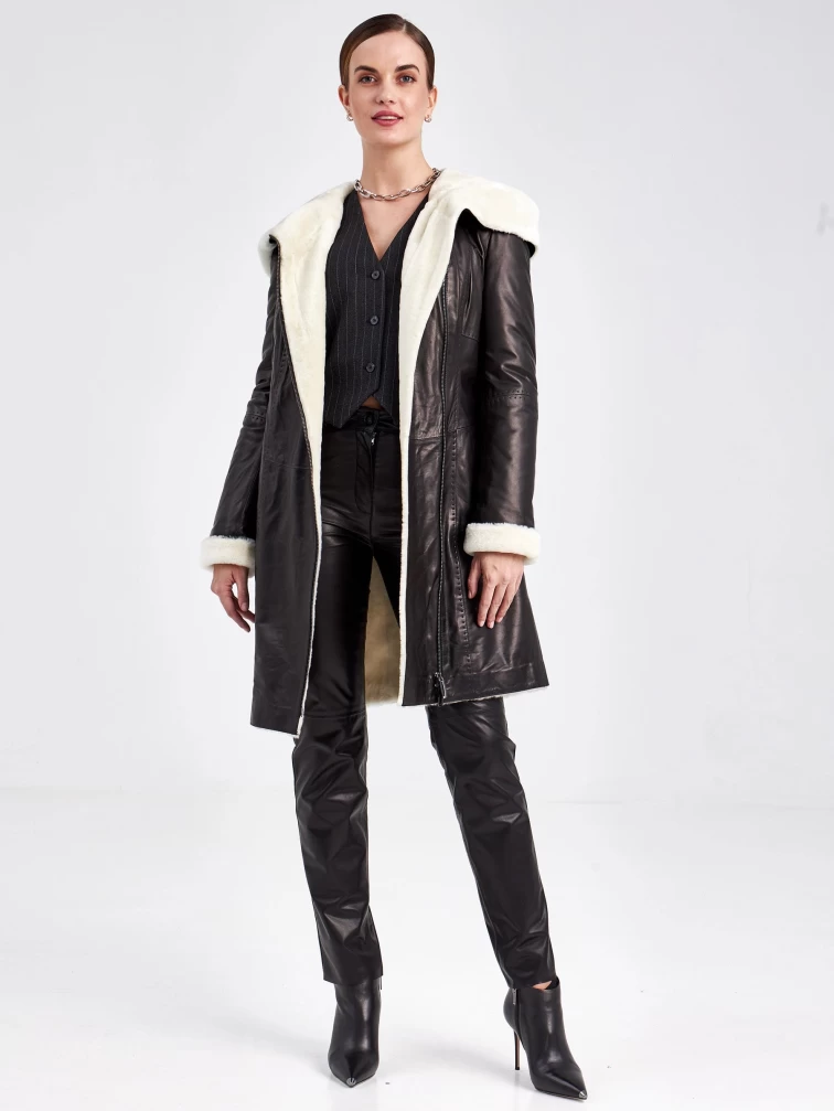 Кожаное пальто зимнее женское 394мех, с капюшоном, черно-белое, размер 46, артикул 91880-1