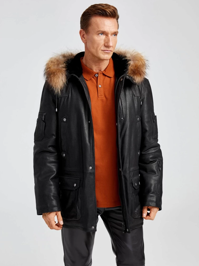 Кожаная куртка-аляска утепленная мужская Алекс, с мехом енота, черная DS, размер 50, артикул 40380-1