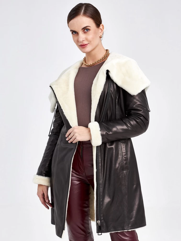 Кожаное пальто зимнее женское 390мех, с капюшоном, черно-белое, размер 46, артикул 91810-3