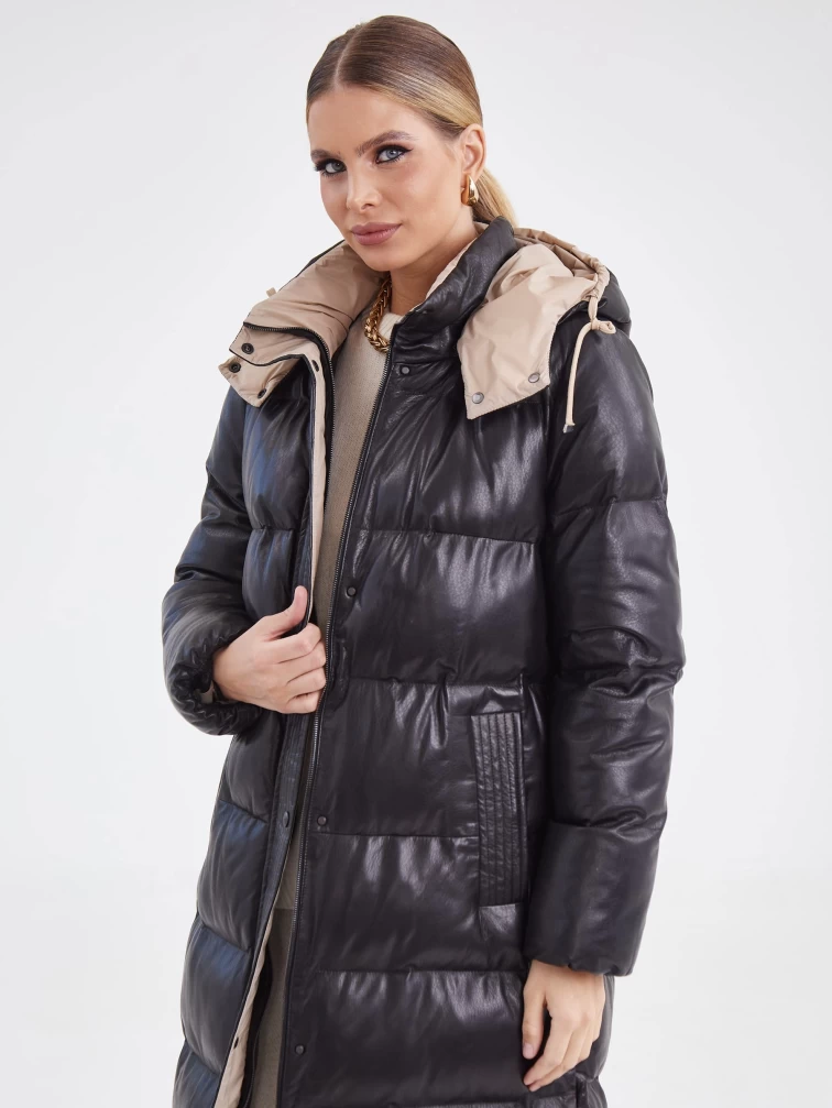 Черное кожаное пальто с капюшоном премиум класса женское 3024, размер 44, артикул 25420-0