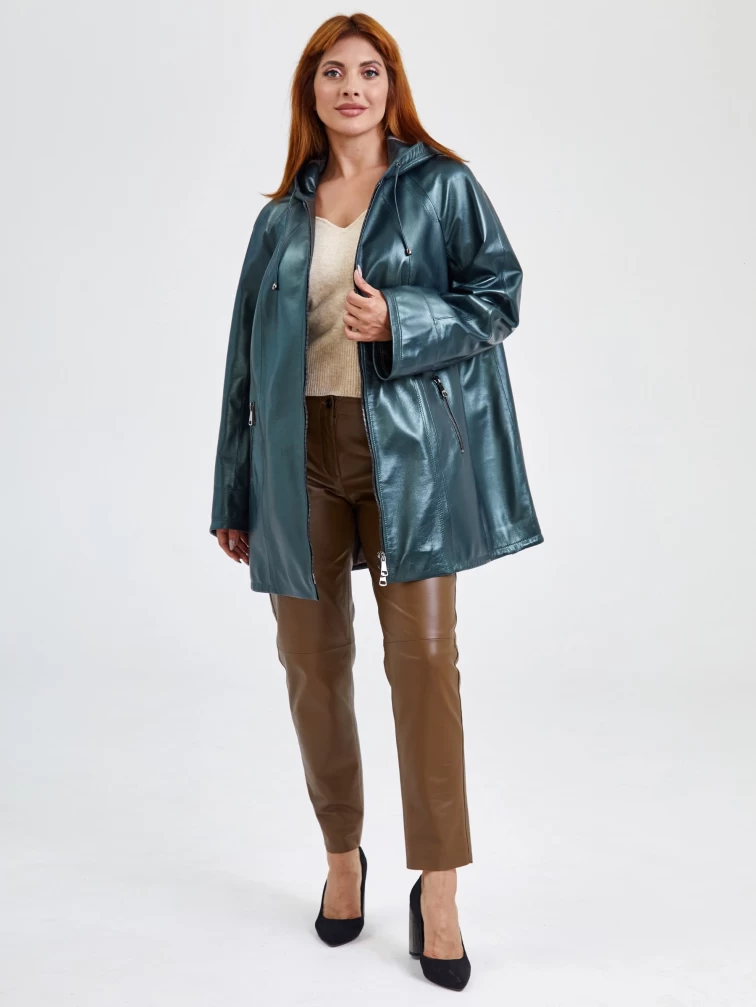 Кожаный комплект женский: Куртка 383 + Брюки 03, зеленый/коричневый, размер 48, артикул 111173-0