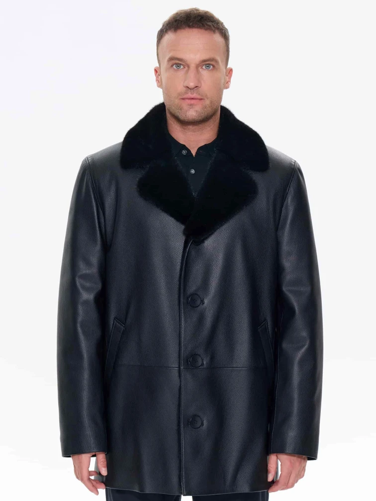 Зимняя кожаная куртка с норковым воротником для мужчин премиум класса 21/1мех, черная, размер 50, артикул 41170-0