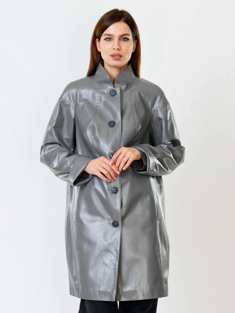 Кожаное пальто женское 378, серое, размер 50, артикул 91120-1