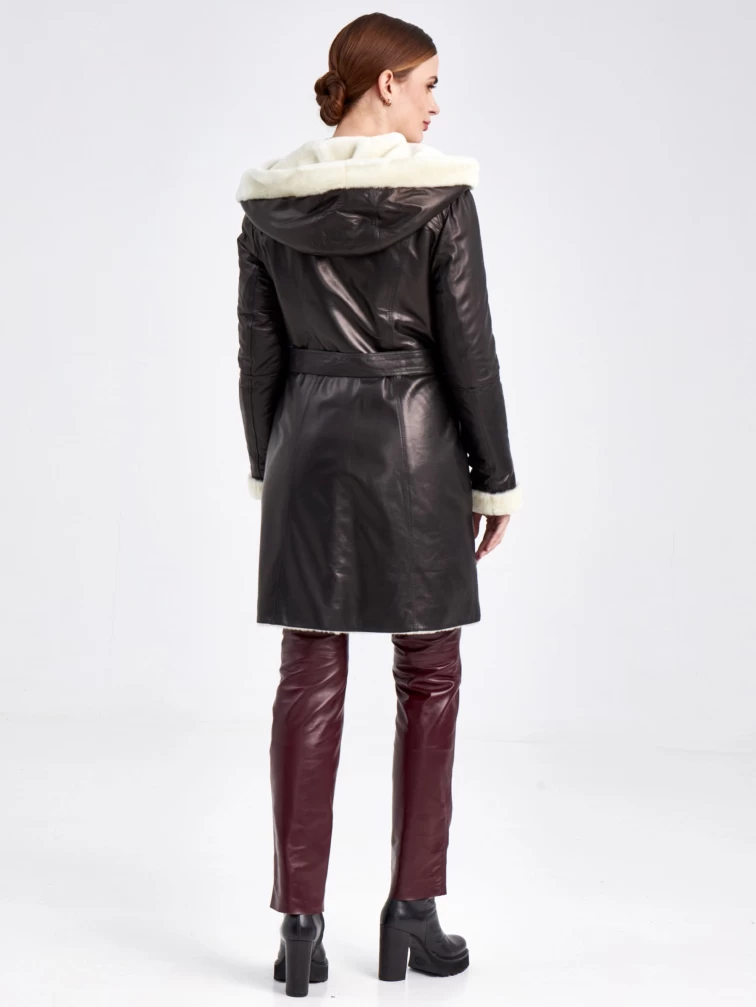 Кожаное пальто зимнее женское 390мех, с капюшоном, черно-белое, размер 46, артикул 91810-2