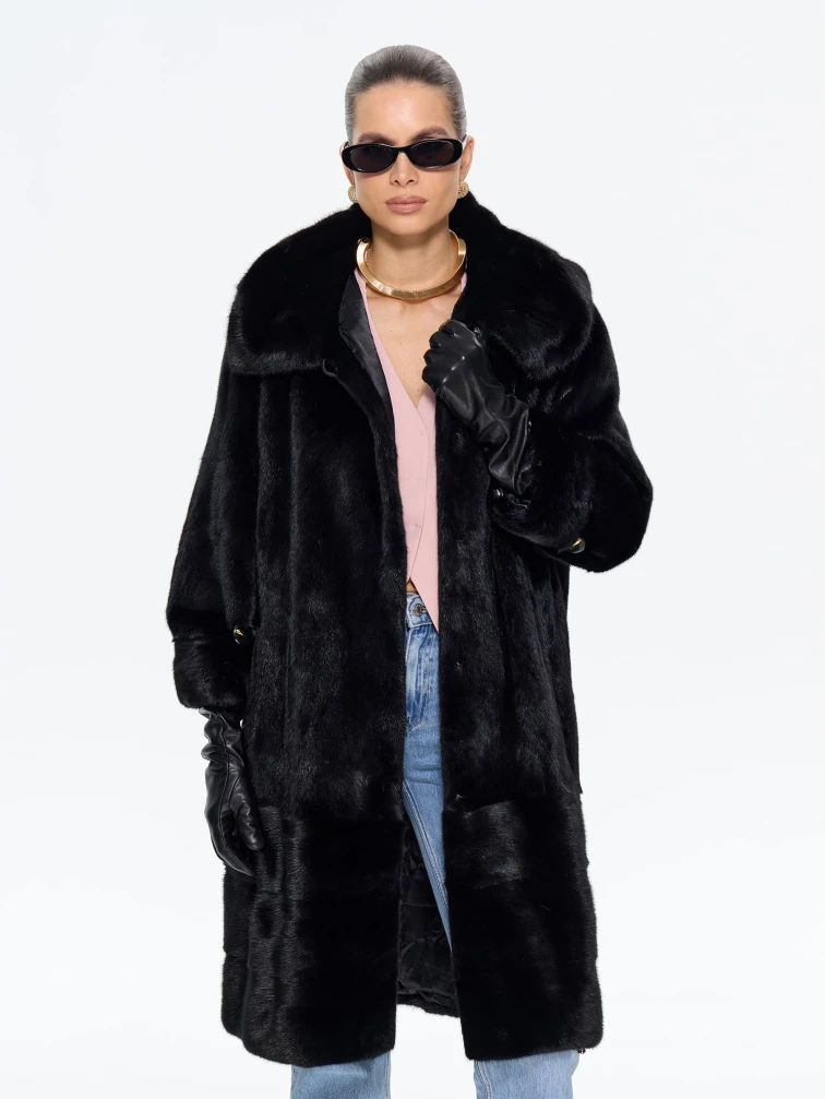 Длинная норковая женская шуба с капюшоном М-102- 664, черная, размер 56, артикул 65360-2