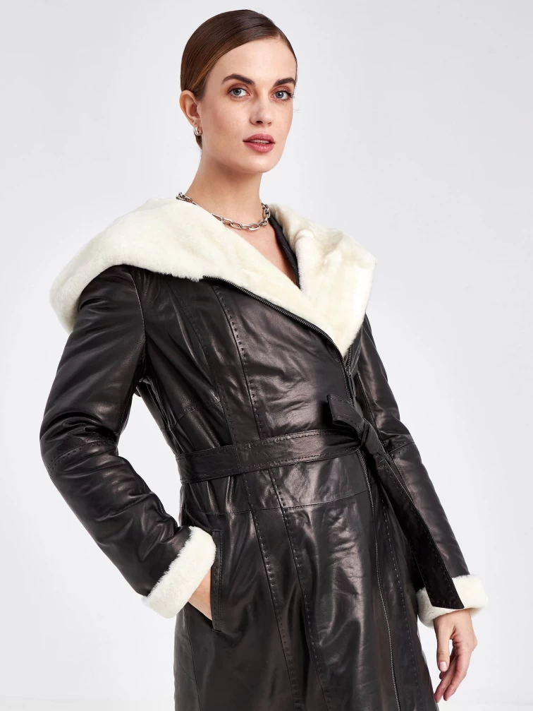 Кожаное пальто зимнее женское 394мех, с капюшоном, черно-белое, размер 46, артикул 91880-0