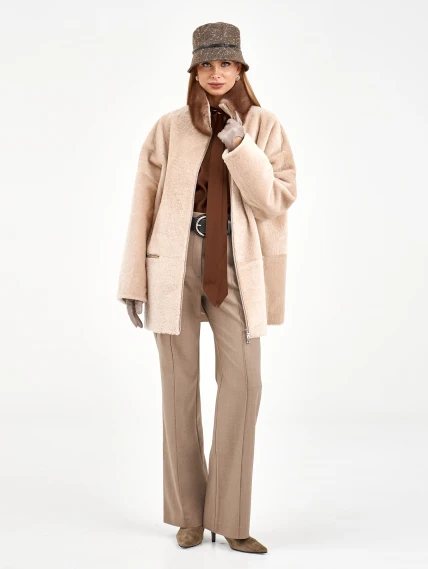 Белая дубленка из астрагана с норкой 59мех, размер 52, артикул 65130-2