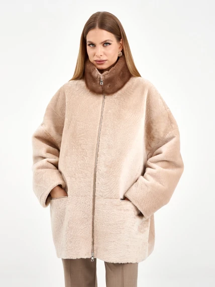 Белая дубленка из астрагана с норкой 59мех, размер 52, артикул 65130-5