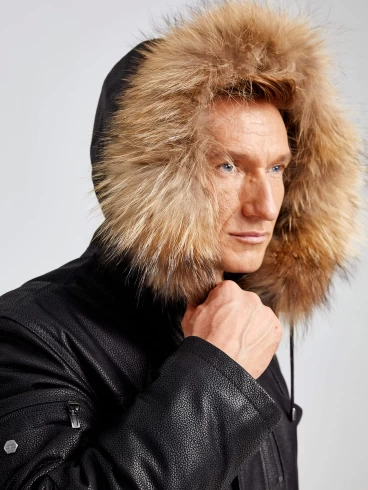 Кожаная куртка-аляска утепленная мужская Алекс, с мехом енота, черная DS, размер 50, артикул 40380-5