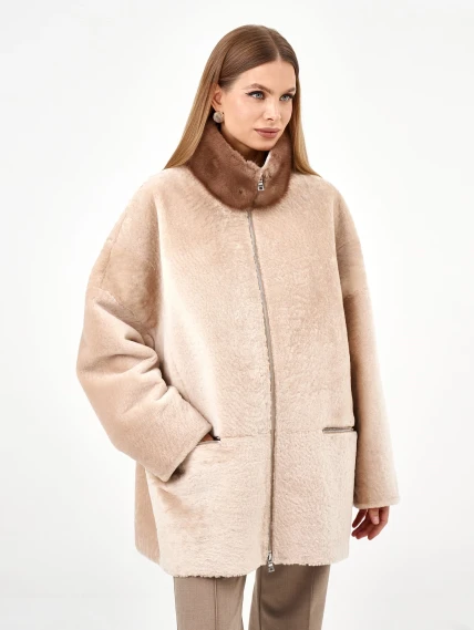 Белая дубленка из астрагана с норкой 59мех, размер 52, артикул 65130-6