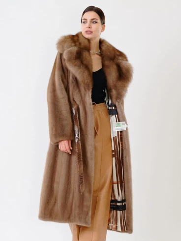 Пальто из меха норки с соболем женское 19009(ав), длинное, пастельное, размер 52, артикул 32680-6