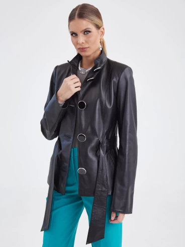 Кожаная куртка женская 334, с поясом, черная, размер 40, артикул 15420-3